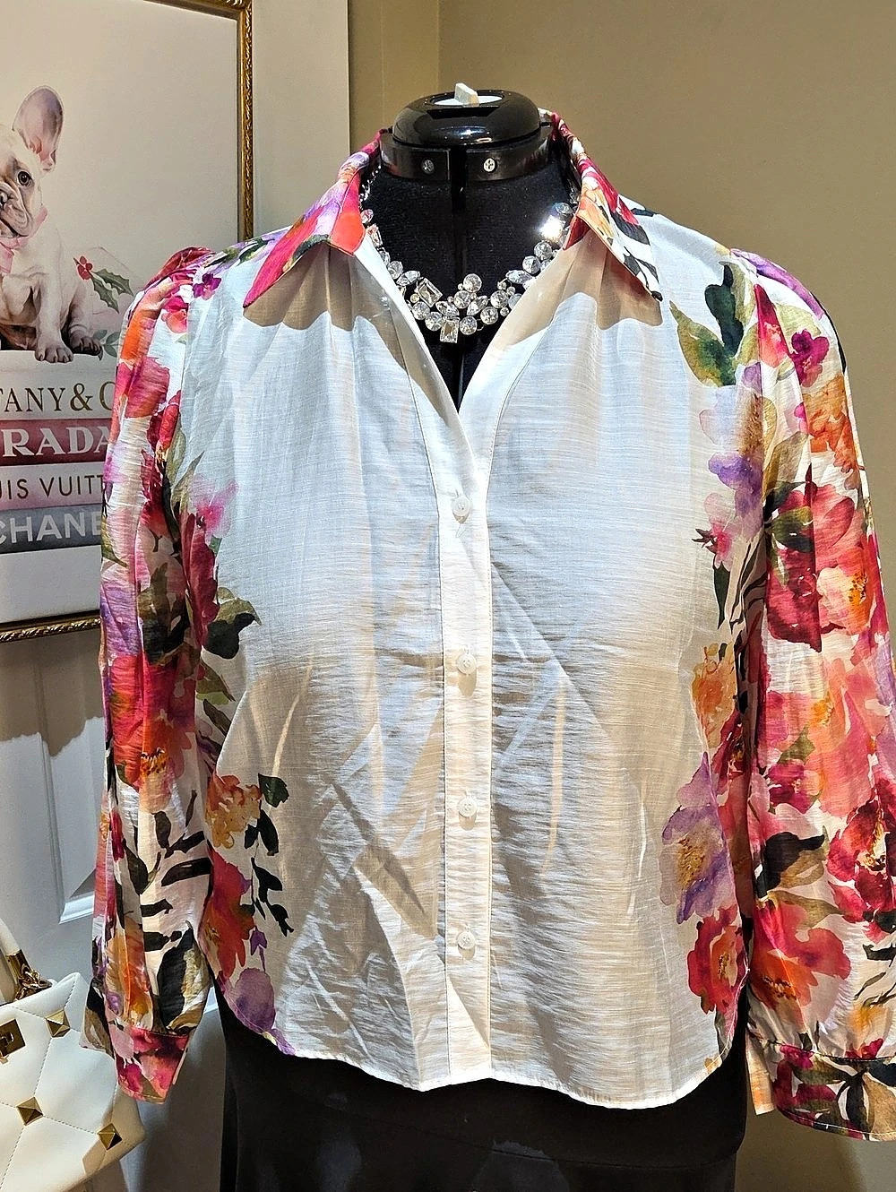 Nwt XL,L Joie Floral Blouse in White & Pink button Down